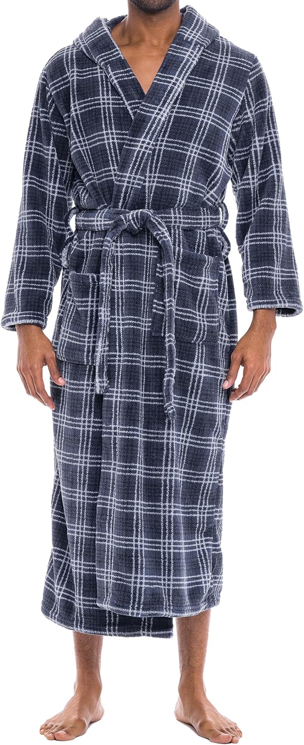 Alexander Del Rossa Mens Robe with Hood (Blue Gray Plaid)