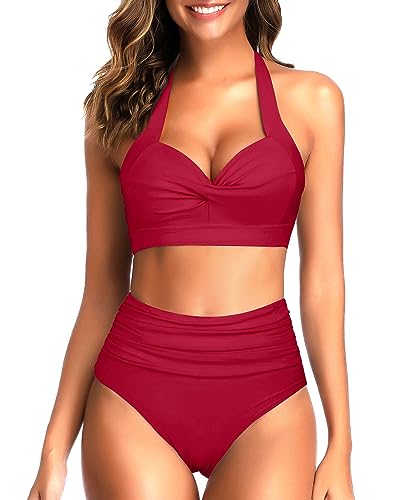 Tempt Me Women Two Piece Vintage Swimsuit Retro Halter Ruched High Waist Bikini with Bottom