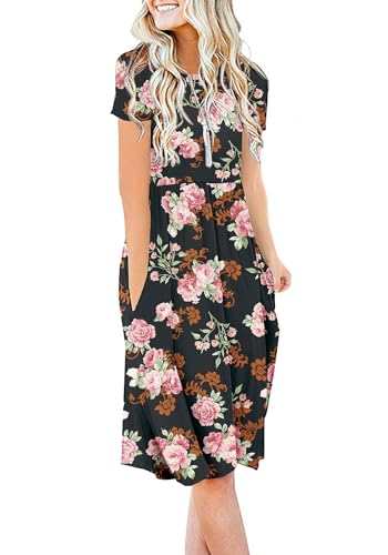 DB MOON Women Casual Short Sleeve Dresses Empire Waist Knee Length Dress with Pockets