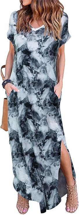 HUSKARY Women's Summer Maxi Dress Casual Loose Pockets Long Dress Short Sleeve Split