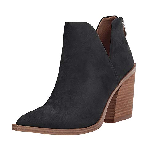 Kathemoi Womens Slip on Ankle Boots V Cutout Pointed Toe Chunky Stacked Mid Heel Booties