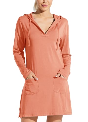 Willit Women's Long Sleeve Cotton Swim Cover Up UPF 50+ SPF Dress Hooded with Pockets Sun Protection Beach Coverup