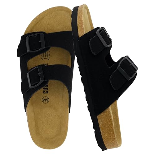 CUSHIONAIRE Lane Cork Footbed Sandals for Women  Comfortable Double Buckle Slip-On with Genuine Suede Footbed & Arch Support Slides for Women Footwear