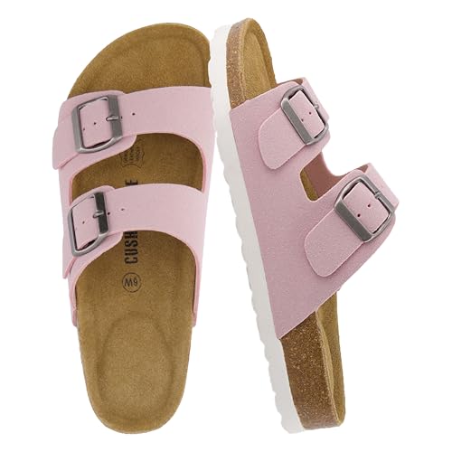 CUSHIONAIRE Lane Cork Footbed Sandals for Women Comfortable Double Buckle Slip-On with Genuine Suede Footbed & Arch Support Slides for Women Footwear