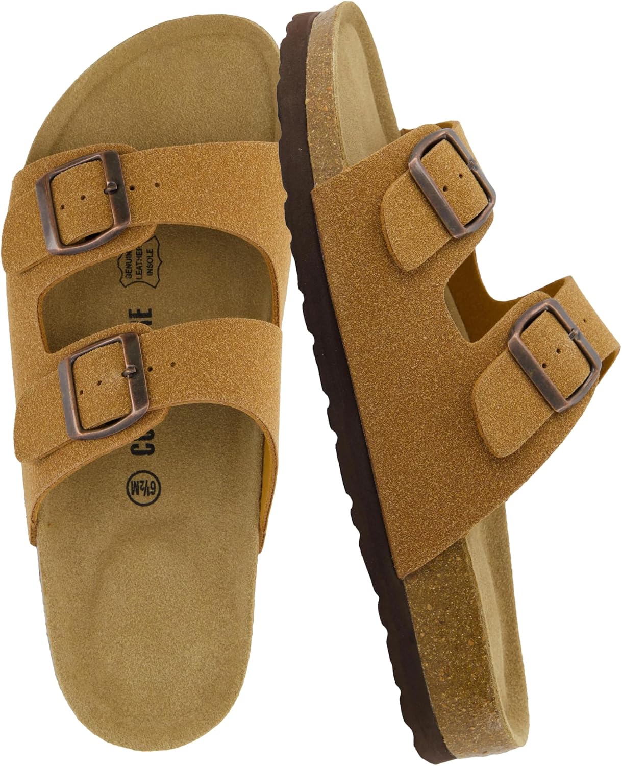CUSHIONAIRE Lane Cork Footbed Sandals for Women  Comfortable Double Buckle Slip-On with Genuine Suede Footbed & Arch Support Slides for Women Footwear