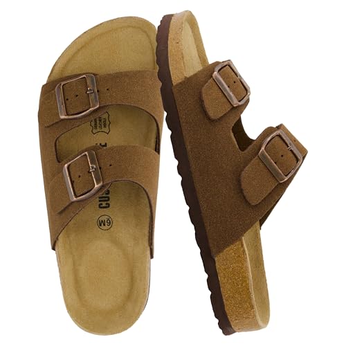 CUSHIONAIRE Lane Cork Footbed Sandals for Women Comfortable Double Buckle Slip-On with Genuine Suede Footbed & Arch Support Slides for Women Footwear