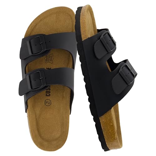 CUSHIONAIRE Lane Cork Footbed Sandals for Women  Comfortable Double Buckle Slip-On with Genuine Suede Footbed & Arch Support Slides for Women Footwear