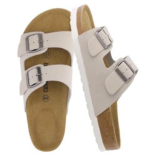 CUSHIONAIRE Lane Cork Footbed Sandals for Women Comfortable Double Buckle Slip-On with Genuine Suede Footbed & Arch Support Slides for Women Footwear