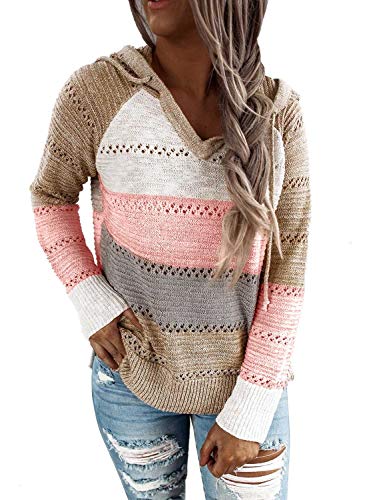 BLENCOT Women Color Block Hooded Crochet Striped Sweaters Lightweight Drawstring Hoodies Pullover Trendy Sweatshirts