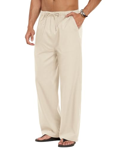 COOFANDY Mens Casual Linen Pants Elastic Waist Linen Pants Drawstring Summer Beach Yoga Linen Trouser