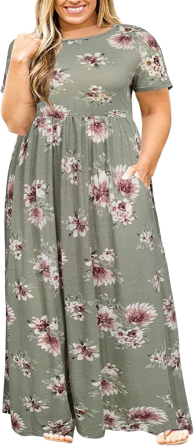 Nemidor Plus Size Maxi Dresses for Curvy Women Summer Casual Loose Short Sleeve Long Beach Dress with Pocket