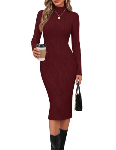 MEROKEETY Women's 2025 Ribbed Long Sleeve Sweater Dress High Neck Slim Fit Knitted Midi Dress
