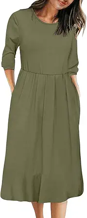 MEROKEETY Women's 3/4 Balloon Sleeve Striped High Waist T Shirt Midi Dress with Pockets