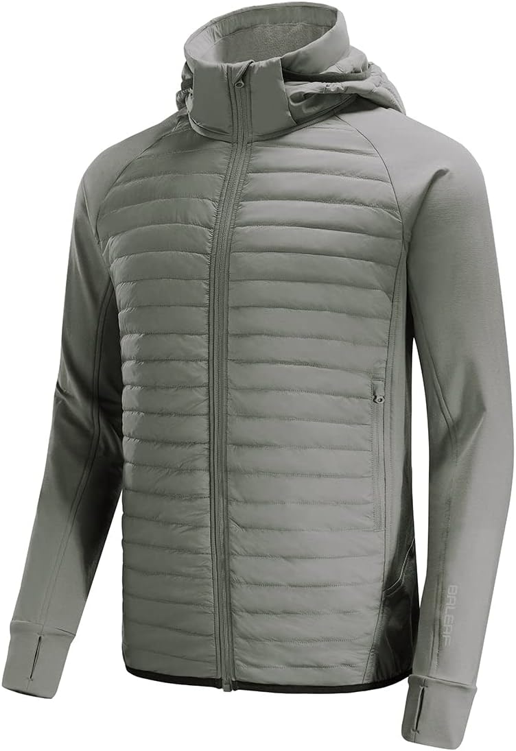 baleaf Men's Running Jacket Lightweight Thumble Hole Warm Up Puffer Jacket Hybrid Thermal Coat Insulated Hiking Golf