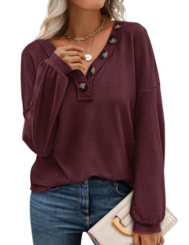 BTFBM Women Waffle Knit Shirts V-Neck Long Sleeve Casual Slouchy Loose Blouses Plain Faux Button Lightweight Pullover