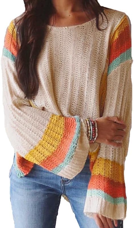 Dokotoo Womens 2025 Fall Casual Crewneck 3/4 Sleeve Striped Lightweight Knit Trendy Boho Tops Pullover Sweaters