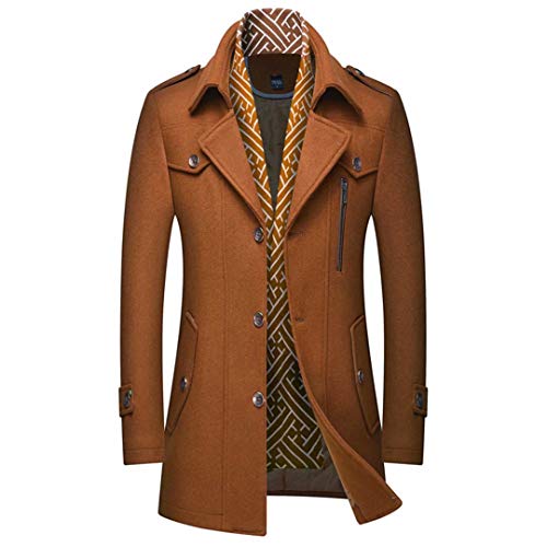 INVACHI Men's Wool Blend Coat Warm Winter Trench Coat with Detachable Soft Scarf Single Breasted Pea Coat