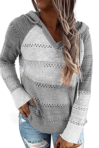 BLENCOT Women Color Block Hooded Crochet Striped Sweaters Lightweight Drawstring Hoodies Pullover Trendy Sweatshirts