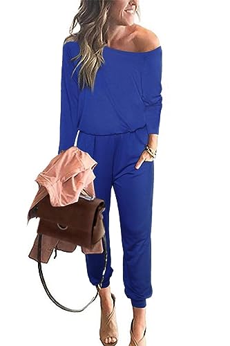 PRETTYGARDEN Jumpsuits for Women Dressy 2025 Fall Long Sleeve Off Shoulder Elastic Waist Rompers One Piece Travel Outfits