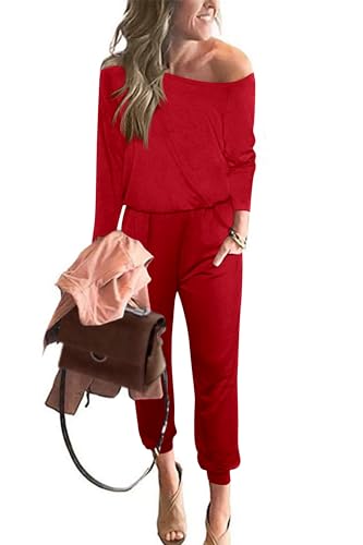 PRETTYGARDEN Jumpsuits for Women Dressy 2025 Fall Long Sleeve Off Shoulder Elastic Waist Rompers One Piece Travel Outfits