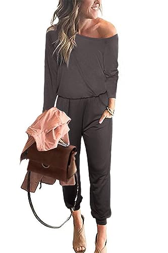 PRETTYGARDEN Jumpsuits for Women Dressy 2025 Fall Long Sleeve Off Shoulder Elastic Waist Rompers One Piece Travel Outfits