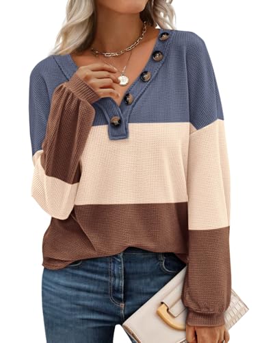 BTFBM Women Waffle Knit Shirts V-Neck Long Sleeve Casual Slouchy Loose Blouses Plain Faux Button Lightweight Pullover