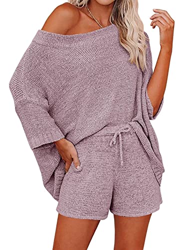 Ermonn Womens 2 Piece Outfits Sweater Sets Off Shoulder Knit Tops Waist Short Suits Casual Pajama Set