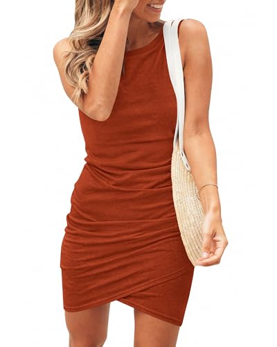 BTFBM Women 2023 Summer Sleeveless Tank Dresses Crew Neck Slim Fit Short Casual Ruched Bodycon Party Club Mini Dress