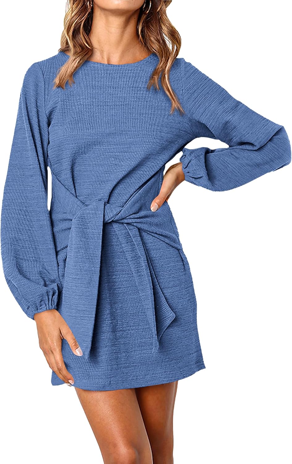 PRETTYGARDEN Womens Fall Elegant Long Lantern Sleeve Short Dress Wedding Guest Crewneck Tie Waist Knit Cocktail Dresses