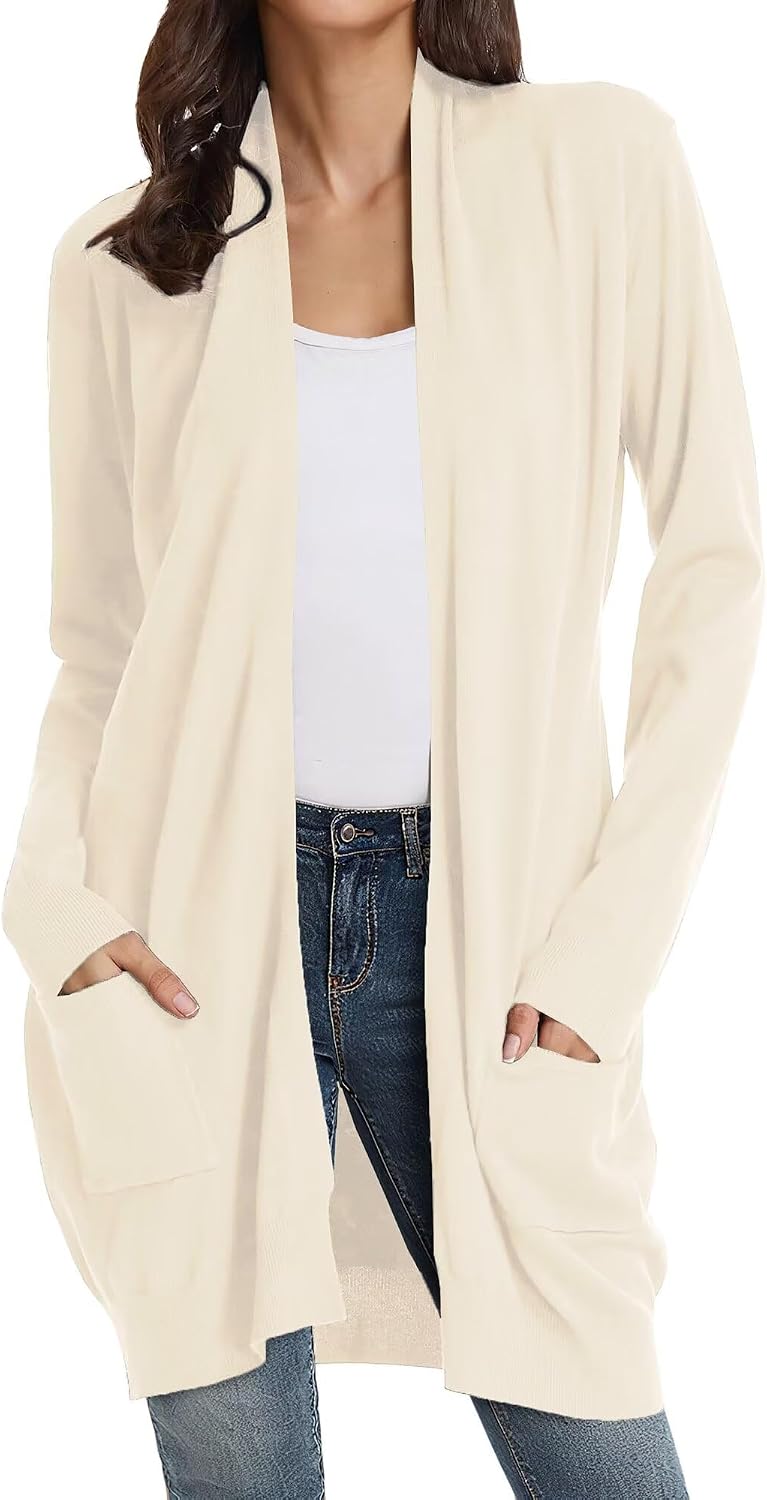 GRACE KARIN Women's Long Cardigan Sweater Open Front Classic Knitted Lightweight Sweater with Pockets