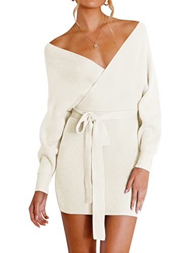 ZESICA Women's Fall Long Batwing Sleeve Wrap V Neck Knitted Backless Bodycon Pullover Sweater Dress with Belt