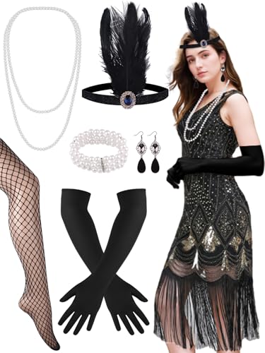 PLULON 1920s Sequin Fringed Flapper Dress