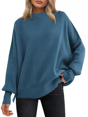 ANRABESS Women Crewneck Batwing Long Sleeve 2025 Fall Oversized Side Slit Ribbed Knit Pullover Sweaters Top Cozy Outfits