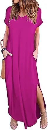HUSKARY Women's Summer Maxi Dress Casual Loose Pockets Long Dress Short Sleeve Split