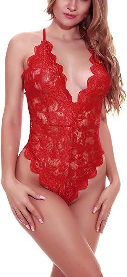 ZSWDXX Women Lingerie Bodysuit Babydoll One Piece Lace Halter Teddy Chemise Sleepwear