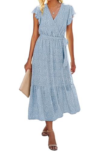 BTFBM Women Summer Bohemian Floral Casual Wrap V Neck Ruffle Cap Sleeveless Belt A-Line Pleated Hem Midi Sun Dress White