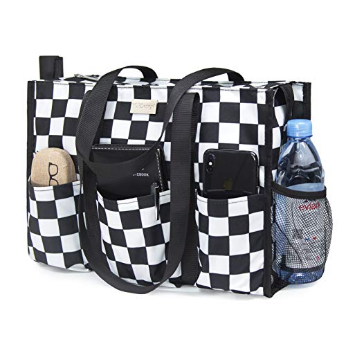 TOPDesign Utility Water Resistant Tote Bag with 13 Pockets, Top Zipper Closure & Thick Bottom Support, for Working Women