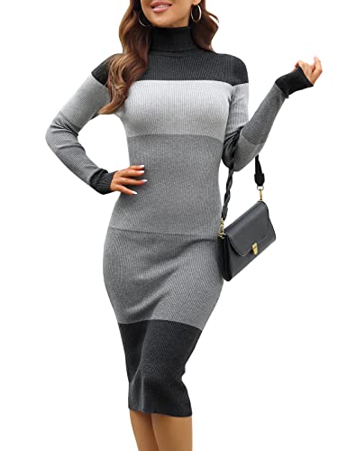 Rocorose Women's Turtleneck Ribbed Elbow Long Sleeve Knit Sweater Dress