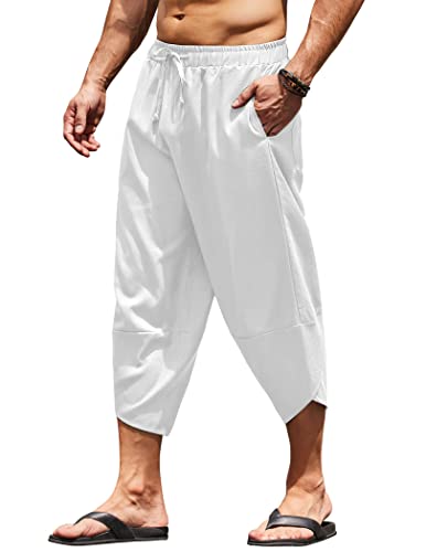 COOFANDY Men's Linen Harem Capri Pants Lightweight Loose 3/4 Shorts Drawstring Elastic Waist Casual Beach Boho Yoga Trousers