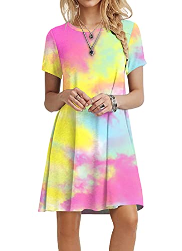POPYOUNG 2023 Women's Summer Short Sleeve Casual Dresses Crew Neck Beach Cover up