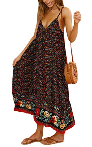 Angashion Women's Dresses Floral Adjustable Spaghetti Strap V Neck Boho Long Maxi Dress Summer Beach Flowy Ethnic Sundress