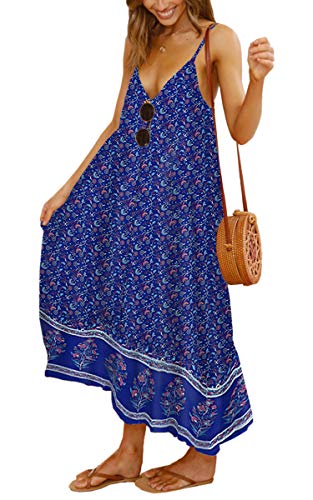 Angashion Women's Dresses Floral Adjustable Spaghetti Strap V Neck Boho Long Maxi Dress Summer Beach Flowy Ethnic Sundress