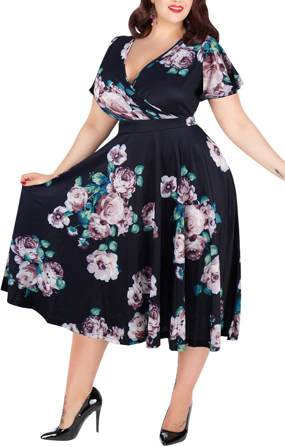 Nemidor Plus Size Dresses for Curvy Women Casual Summer V Neck Short Sleeve Midi Cocktail Vintage Dress with Pocket