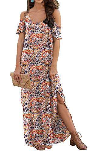 GRECERELLE Women's Summer Cold Shoulder Casual Loose Long Dress Strapless Maxi Dress Short Sleeve Off Shoulder Sundresses