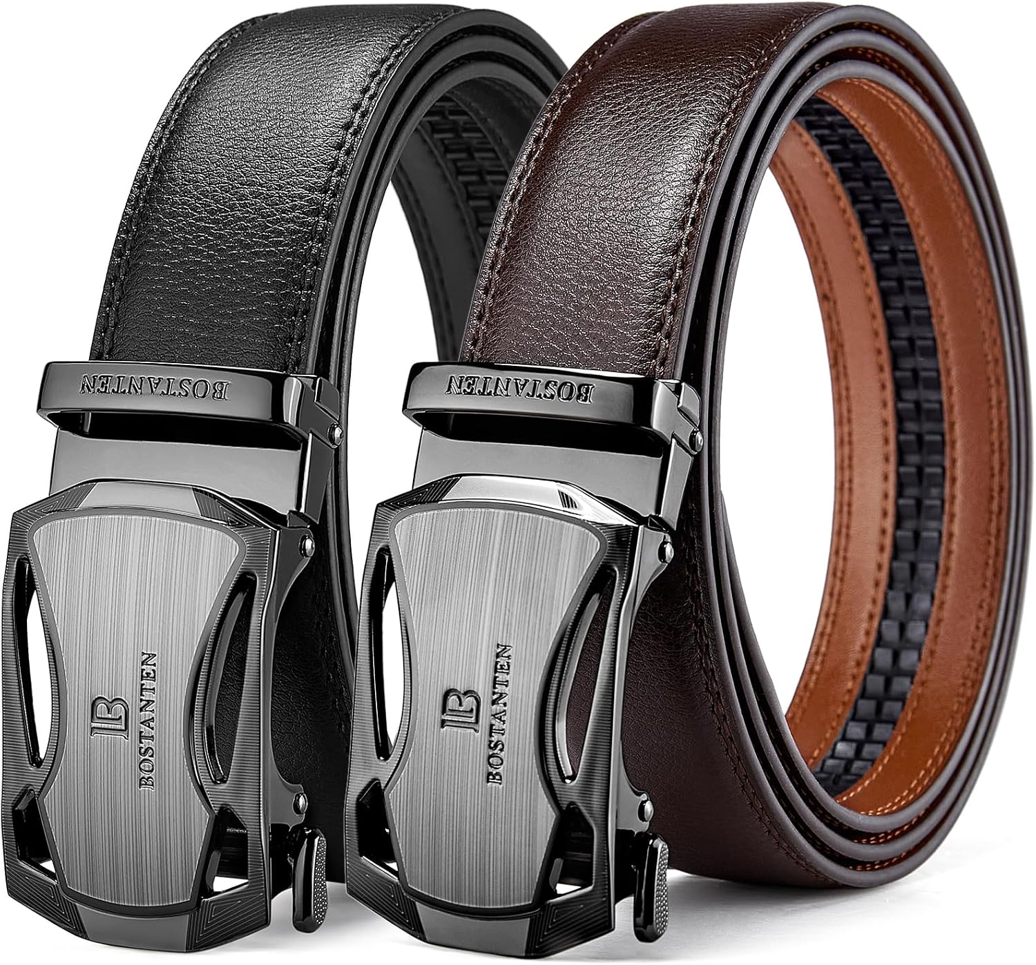 BOSTANTEN Ratchet Leather Belt For Men 2 Pack Dress and Casual with Adjustable Buckle, Trim to Fit