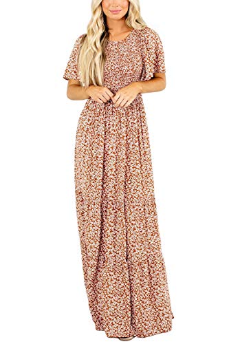 Kranda Women 2025 Summer Fall Crewneck Short Sleeve Smocked Floral Maxi Dress