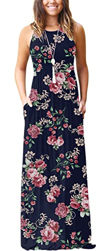 GRECERELLE Women's Sleeveless Racerback Maxi Dress Floral Print Casual Long Dresses with Pockets