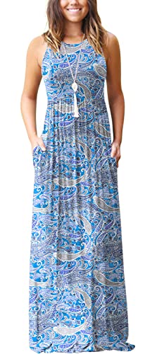 GRECERELLE Women's Sleeveless Racerback Maxi Dress Floral Print Casual Long Dresses with Pockets