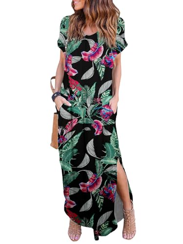 HUSKARY Women's Summer Maxi Dress Casual Loose Pockets Long Dress Short Sleeve Split