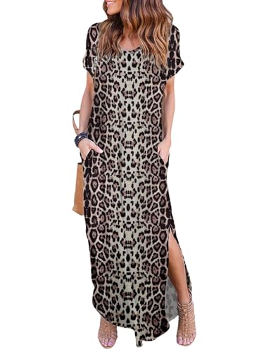 HUSKARY Women's Summer Maxi Dress Casual Loose Pockets Long Dress Short Sleeve Split
